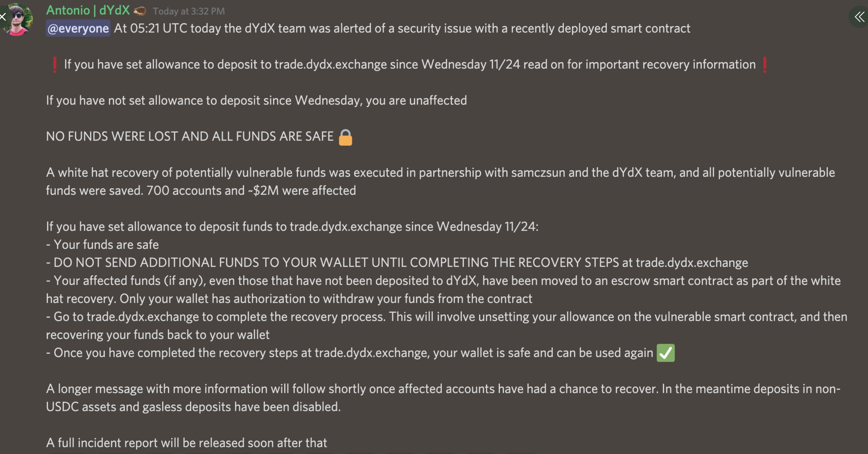 El dYdX basado en Ethereum se salvó de una violación de seguridad de 2 millones de dólares gracias a los actos heroicos de White Hat