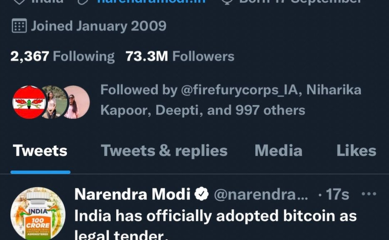 India: la cuenta de Twitter 'brevemente comprometida' del primer ministro Modi habla sobre 'adoptar Bitcoin'