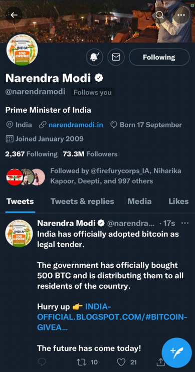 India: la cuenta de Twitter 'brevemente comprometida' del primer ministro Modi habla sobre 'adoptar Bitcoin'
