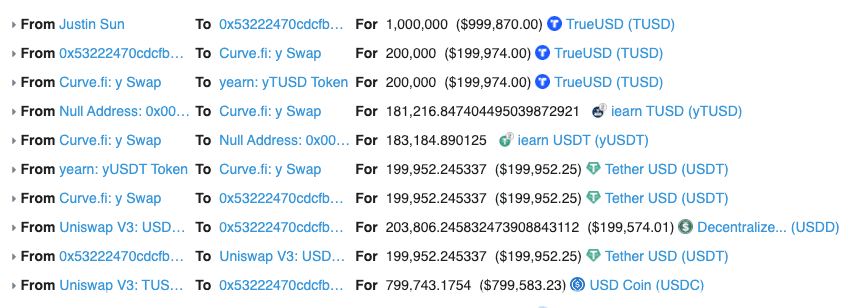 Transacción Etherscan del depósito de Tron en sus reservas