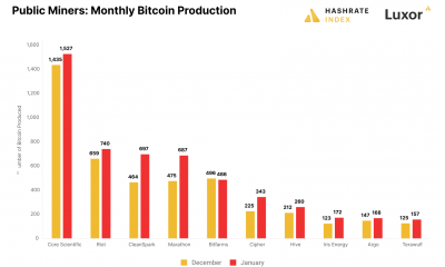 Mineros públicos de Bitcoin producción mensual de Bitcoin