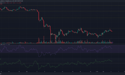 Gráfico de precios de BNB con barras verdes y rojas sobre fondo oscuro