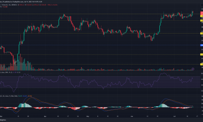 Gráfico de precios de Bitcoin con barras verdes y rojas sobre un fondo oscuro