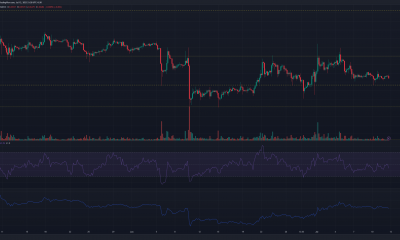 Gráfico de precios de Dogecoin sobre fondo oscuro con barras verdes y rojas