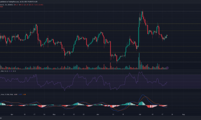 Gráfico de precios de Litecoin con barras de precios verdes y rojas sobre fondo oscuro