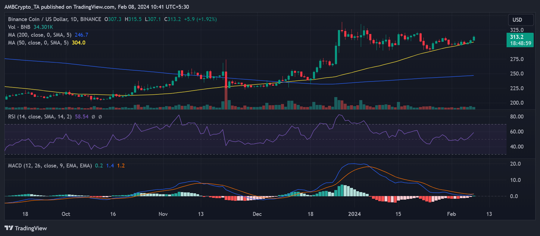 Tendencia diaria del precio de Binance Coin