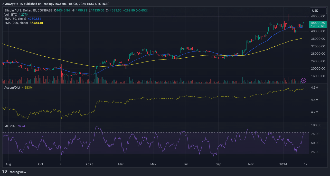 El gráfico diario de Bitcoin que muestra el posible aumento de la moneda a 50.000 dólares