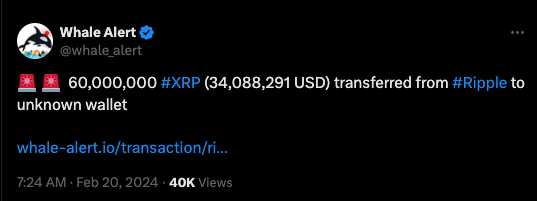 Transacción Ripple que involucra 60 millones de tokens XRP